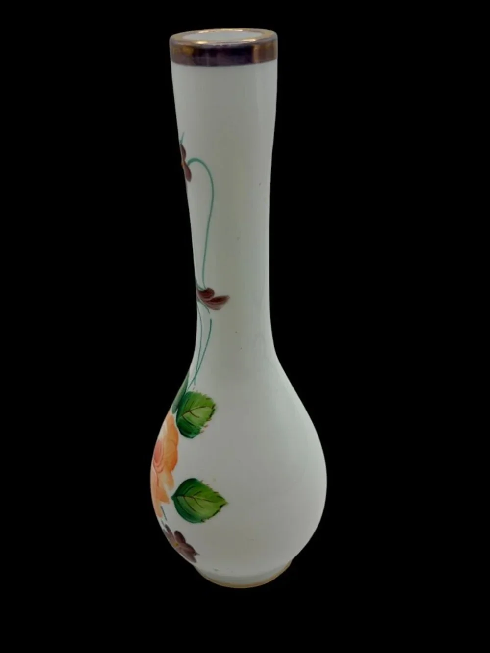 Vintage Hand Painted White Opaline Bud Vase Floral Enamel Glass Vase Gold Rim 8